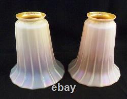 2 Antique Art Glass, Signed, Quezal Light Shades IRIDESCENT LAMP PAIR