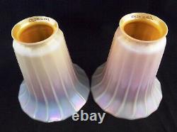 2 Antique Art Glass, Signed, Quezal Light Shades IRIDESCENT LAMP PAIR