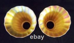 2 Antique Art Glass, Signed, Quezal Light Shades IRIDESCENT LAMP PAIR