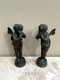 (2) Antique Bronze Cherub Sculptures Signed Pair of Angels Putto Statues