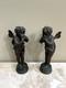 (2) Antique Bronze Cherub Sculptures Signed Pair Of Angels Putto Statues