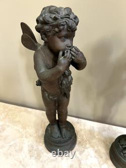 (2) Antique Bronze Cherub Sculptures Signed Pair of Angels Putto Statues