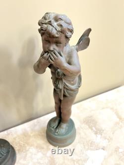 (2) Antique Bronze Cherub Sculptures Signed Pair of Angels Putto Statues