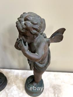 (2) Antique Bronze Cherub Sculptures Signed Pair of Angels Putto Statues