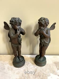 (2) Antique Bronze Cherub Sculptures Signed Pair of Angels Putto Statues