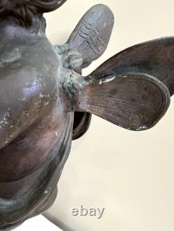 (2) Antique Bronze Cherub Sculptures Signed Pair of Angels Putto Statues