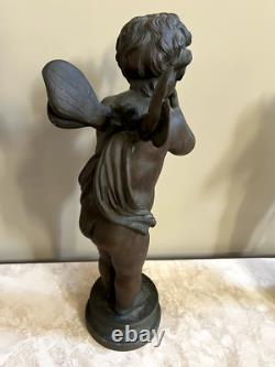 (2) Antique Bronze Cherub Sculptures Signed Pair of Angels Putto Statues