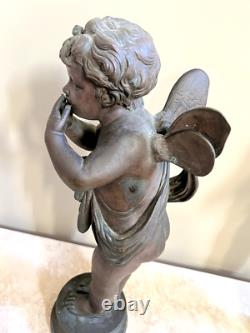 (2) Antique Bronze Cherub Sculptures Signed Pair of Angels Putto Statues
