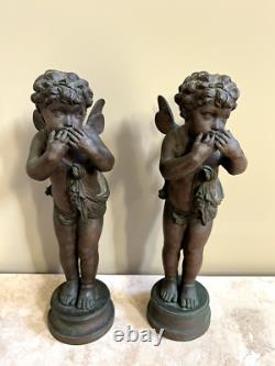 (2) Antique Bronze Cherub Sculptures Signed Pair of Angels Putto Statues