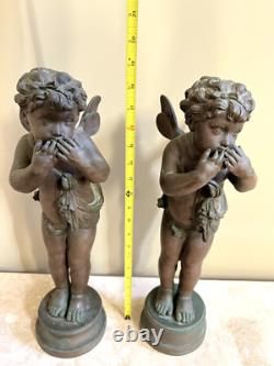 (2) Antique Bronze Cherub Sculptures Signed Pair of Angels Putto Statues