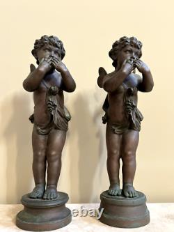 (2) Antique Bronze Cherub Sculptures Signed Pair of Angels Putto Statues