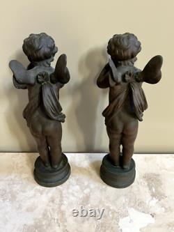 (2) Antique Bronze Cherub Sculptures Signed Pair of Angels Putto Statues