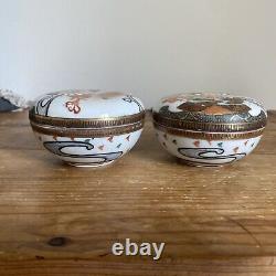 (2) Antique Japanese Kutani Gilt Porcelain Matched Pair of Round Boxes -Signed