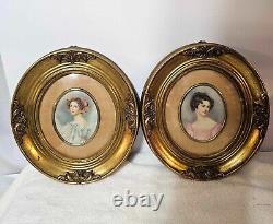 2 Antique Pair -Framed Oval wood gilt Pretty Woman Lady Portrait Signed- A31