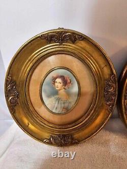 2 Antique Pair -Framed Oval wood gilt Pretty Woman Lady Portrait Signed- A31