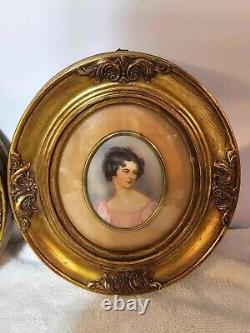 2 Antique Pair -Framed Oval wood gilt Pretty Woman Lady Portrait Signed- A31