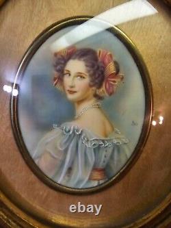 2 Antique Pair -Framed Oval wood gilt Pretty Woman Lady Portrait Signed- A31