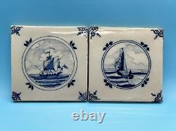 2 Antique SIGNED Dutch Delft Blue Royal Tichelaar Makkum Tiles Sail Boats RARE