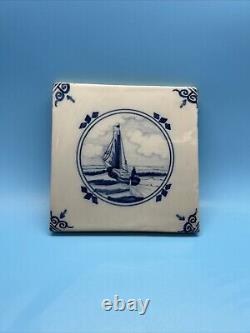 2 Antique SIGNED Dutch Delft Blue Royal Tichelaar Makkum Tiles Sail Boats RARE