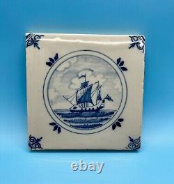 2 Antique SIGNED Dutch Delft Blue Royal Tichelaar Makkum Tiles Sail Boats RARE