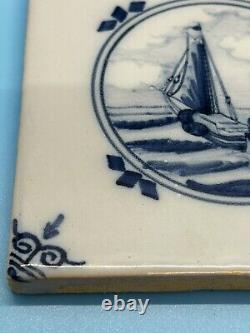 2 Antique SIGNED Dutch Delft Blue Royal Tichelaar Makkum Tiles Sail Boats RARE