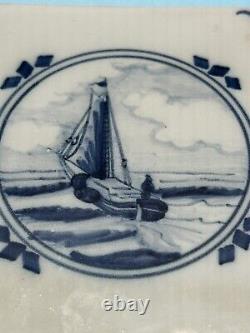 2 Antique SIGNED Dutch Delft Blue Royal Tichelaar Makkum Tiles Sail Boats RARE