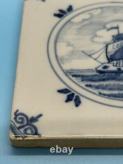 2 Antique SIGNED Dutch Delft Blue Royal Tichelaar Makkum Tiles Sail Boats RARE