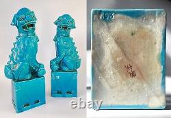 2 Antique Signed Chinese FOO DOGS Figurines Turquoise BLUE Porcelain Lions Pair