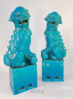 2 Antique Signed Chinese FOO DOGS Figurines Turquoise BLUE Porcelain Lions Pair