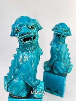 2 Antique Signed Chinese FOO DOGS Figurines Turquoise BLUE Porcelain Lions Pair