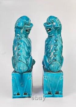 2 Antique Signed Chinese FOO DOGS Figurines Turquoise BLUE Porcelain Lions Pair