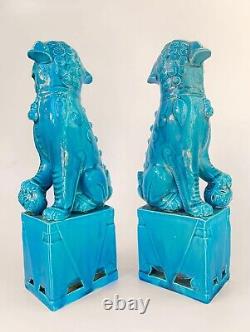 2 Antique Signed Chinese FOO DOGS Figurines Turquoise BLUE Porcelain Lions Pair