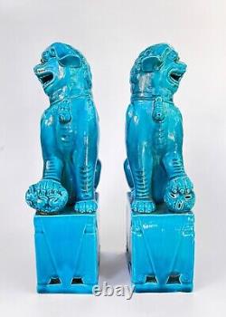 2 Antique Signed Chinese FOO DOGS Figurines Turquoise BLUE Porcelain Lions Pair