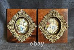 2 Antique Signed Hand painted French miniature painting withGilt Bronze Frame-58e