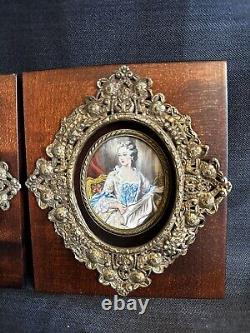 2 Antique Signed Hand painted French miniature painting withGilt Bronze Frame-58e