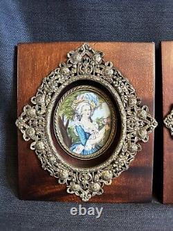 2 Antique Signed Hand painted French miniature painting withGilt Bronze Frame-58e