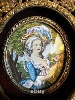 2 Antique Signed Hand painted French miniature painting withGilt Bronze Frame-58e