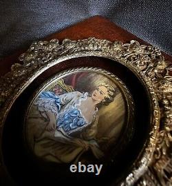 2 Antique Signed Hand painted French miniature painting withGilt Bronze Frame-58e