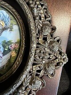 2 Antique Signed Hand painted French miniature painting withGilt Bronze Frame-58e