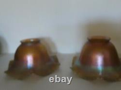 2 Antique Signed Quezal Iridescent Gold Glass Ruffled onionskin Lamp Shade Pair