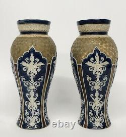 2 Doulton Lambeth Antique Gilt Circle Swirl Blue Vase Signed Pair