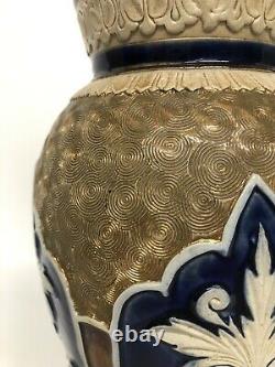 2 Doulton Lambeth Antique Gilt Circle Swirl Blue Vase Signed Pair