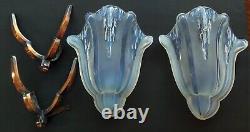 2 EZAN Light Sconces ART DECO Opalescent Glass signed EZAN FRANCE. Nice COND