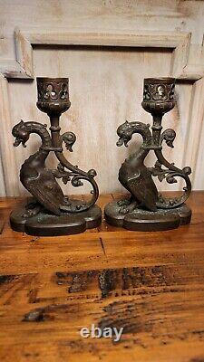 2 Early Bronze Griffin Candle Holders Signed Pair Tiffany & Co. PT Rare Version