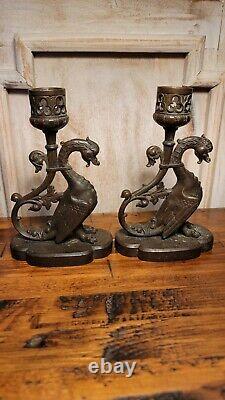 2 Early Bronze Griffin Candle Holders Signed Pair Tiffany & Co. PT Rare Version