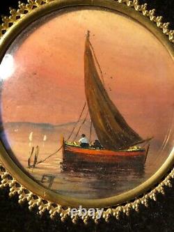 2 Miniature Oil Paintings On Vellum Framed Signed Antique Vintage Pair