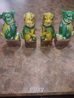 2 Pair Antique Chinese Foo Dog Guardian Lions Sancai Green Glaze 6 Figurines