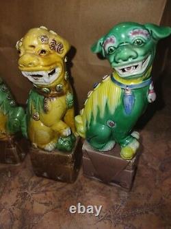 2 Pair Antique Chinese Foo Dog Guardian Lions Sancai Green Glaze 6 Figurines