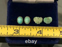 2 Pair Antique Jadeite Jade Earrings Signed 14k Jade Cabochon & Carved Jade