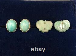 2 Pair Antique Jadeite Jade Earrings Signed 14k Jade Cabochon & Carved Jade